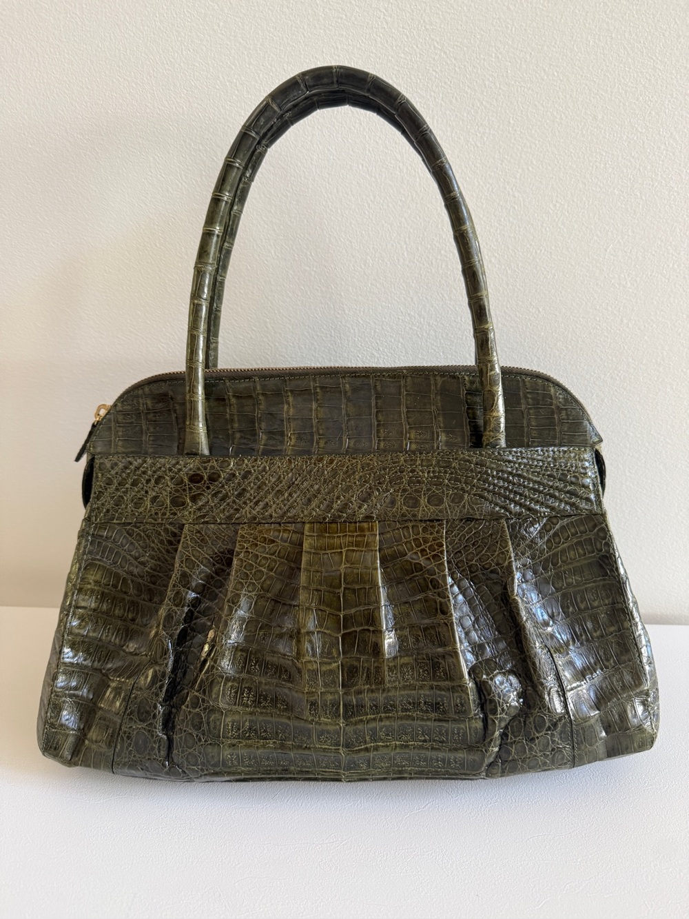 NANCY GONZALEZ Genuine Crocodile Small Top Handle Shoulder Bag Handbag, Olive